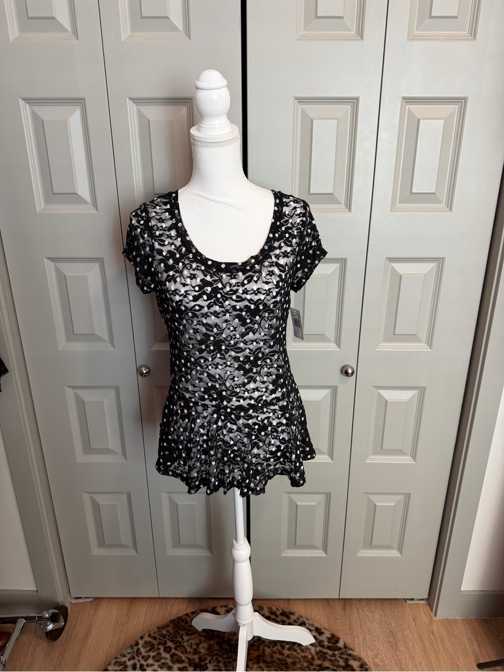 Spoiled Black and White Lace Overlay Peplum Tunic